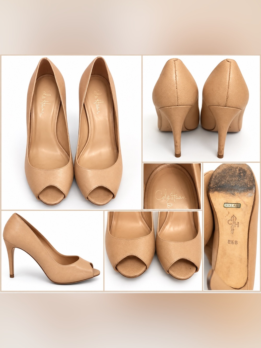 Cole Haan Tan Peep-Toe Leather Heels